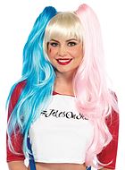 Harley Quinn, lang parykk, pannelugg, hårknuter, flerfarget